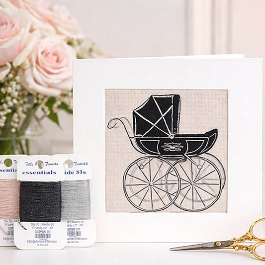 Vintage Baby Girl Carriage Needlepoint Card Kit – Classic Pram Greeting Card for Baby Shower & New Arrival