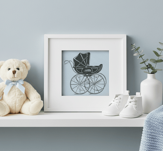 Vintage Baby Boy Carriage Needlepoint Card Kit – Classic Pram Greeting Card for Baby Shower & New Arrival