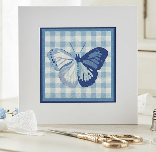 Blue Butterfly Gingham Needlepoint Card Kit | Handcrafted Greeting Card
