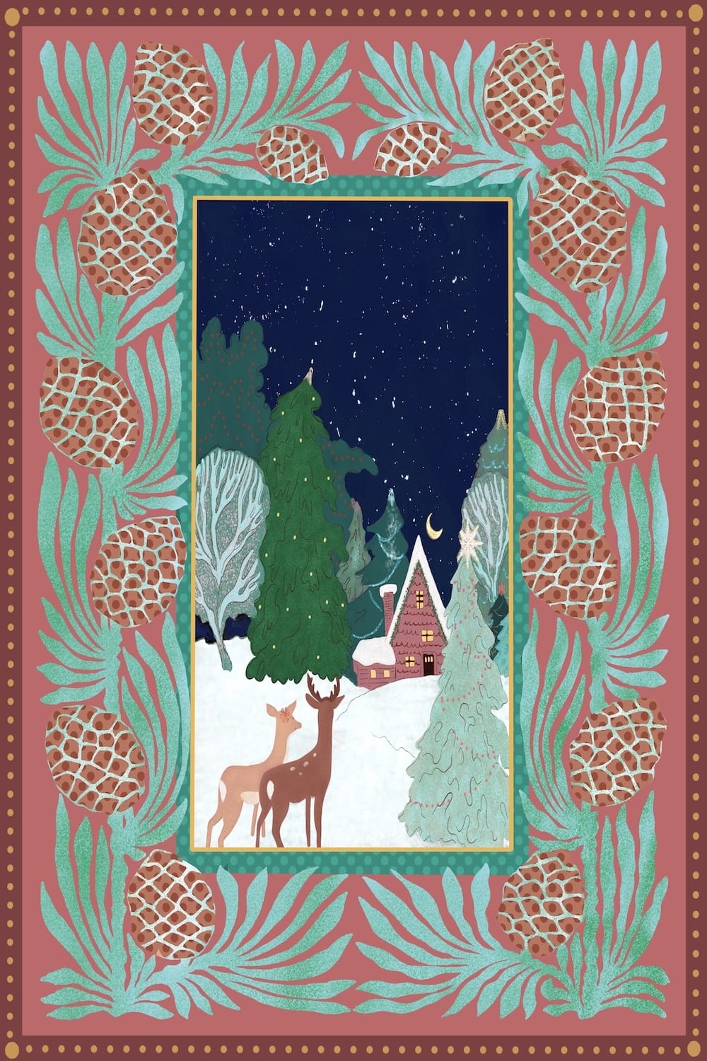 A Winter Walk — Deer & Christmas Cottage Illustrated Fine Art Print | G March Design