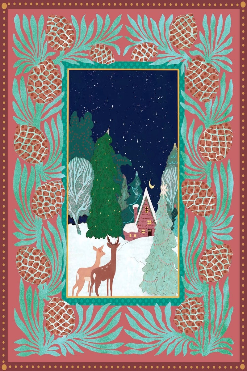 A Winter Walk — Deer & Christmas Cottage Illustrated Fine Art Print | G March Design