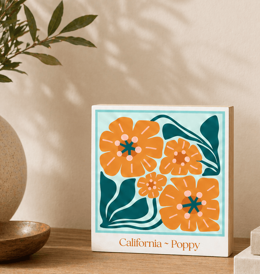 California ~ Golden Poppy Wood Block Print | Botanical State Flower Art
