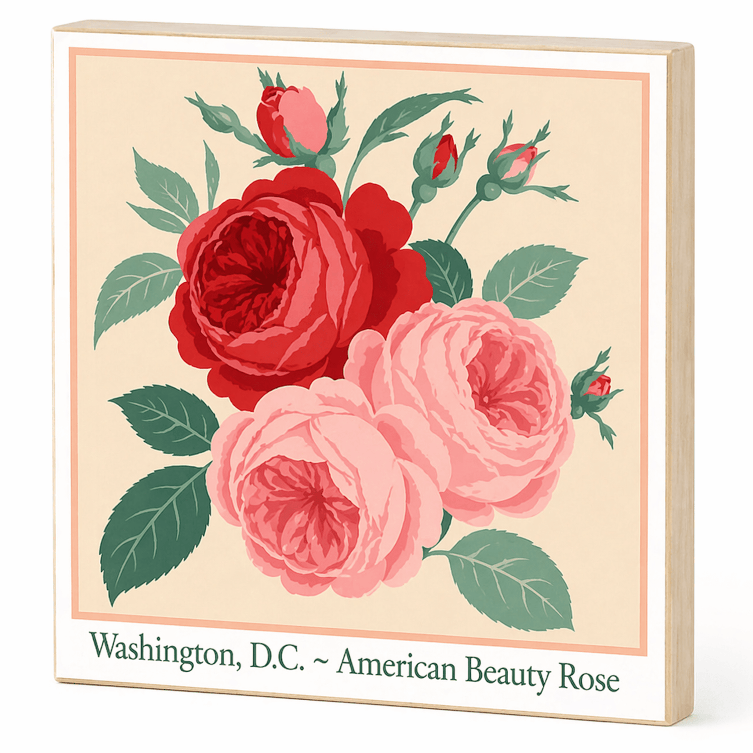 Washington, D.C. ~ American Beauty Rose Wood Block Print | Botanical State Flower Art