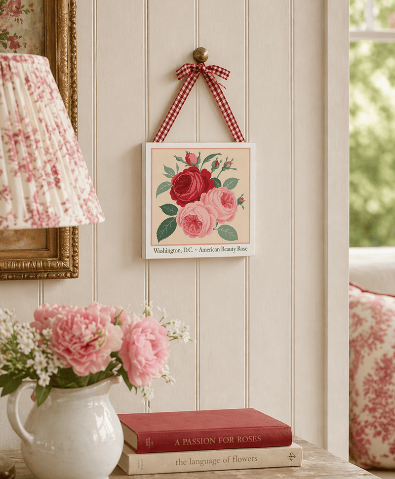 Washington, D.C. ~ American Beauty Rose Wood Block Print | Botanical State Flower Art