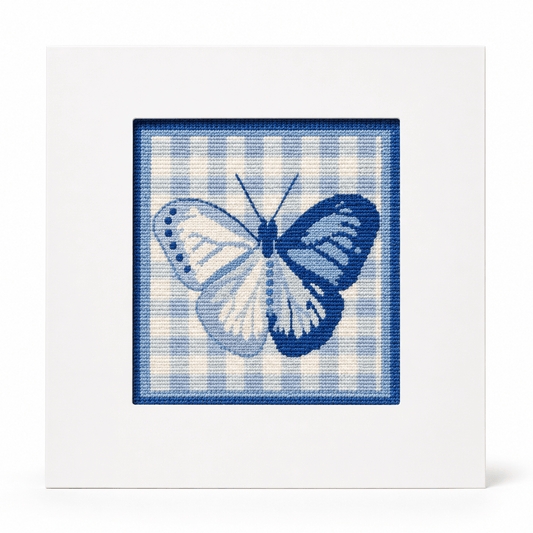 Blue Butterfly Gingham Needlepoint Card Kit | Handcrafted Greeting Card