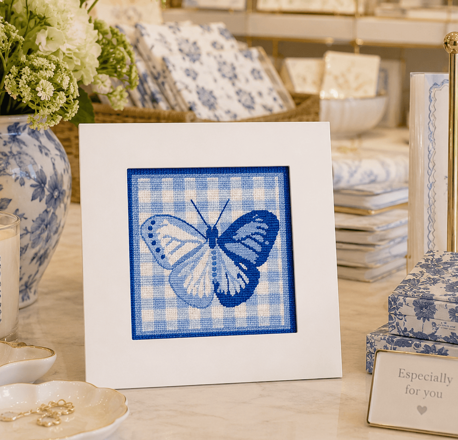 Blue Butterfly Gingham Needlepoint Card Kit | Handcrafted Greeting Card