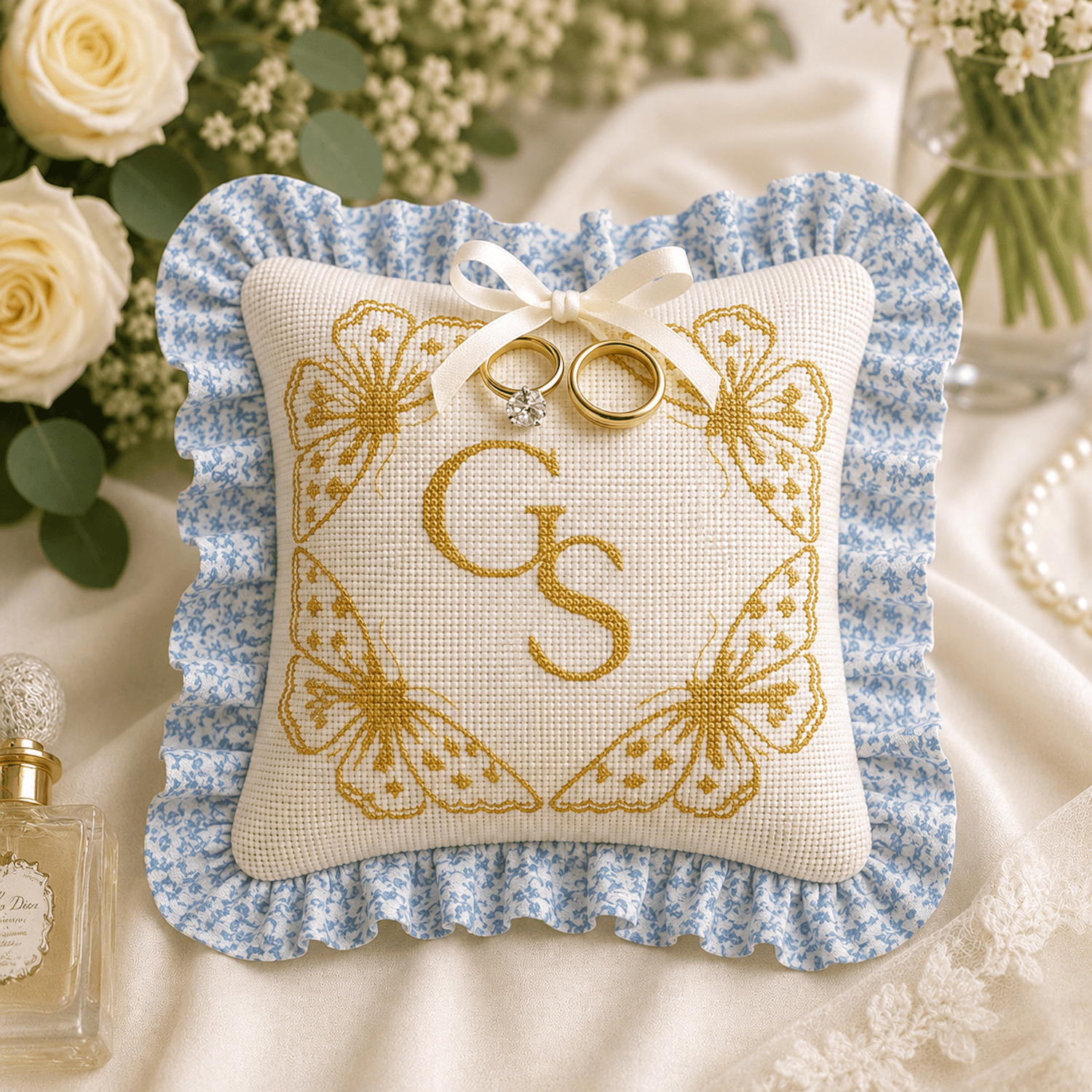 Monogrammed Butterfly Circle Wedding Ring Pllow - Handcrafted Needlepoint Kit