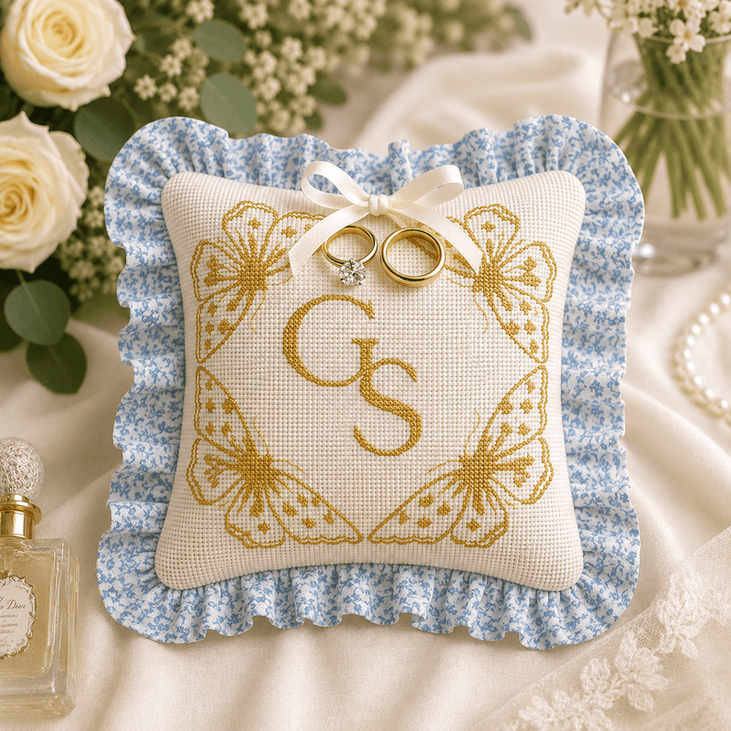 Monogrammed Butterfly Circle Wedding Ring Pllow - Handcrafted Needlepoint Kit