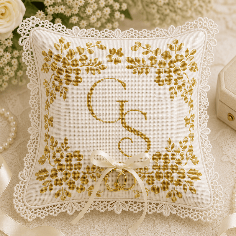 Monogrammed Floral Corners Wedding Ring Pillow - Handcrafted Needlepoint Kit