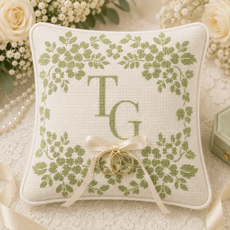 Monogrammed Floral Corners Wedding Ring Pillow - Handcrafted Needlepoint Kit