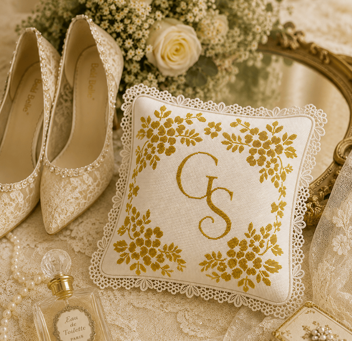 Monogrammed Floral Corners Wedding Ring Pillow - Handcrafted Needlepoint Kit