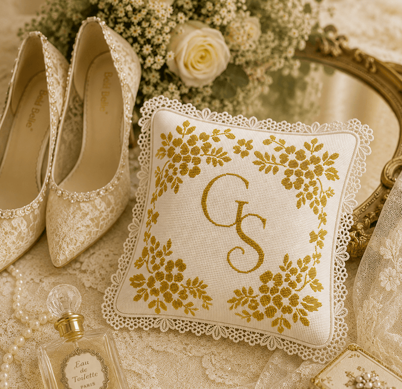 Monogrammed Floral Corners Wedding Ring Pillow - Handcrafted Needlepoint Kit