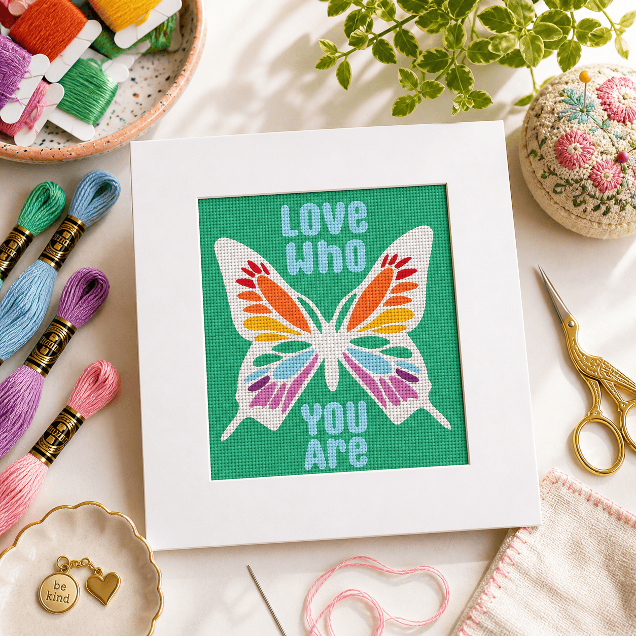 Love Who You Are Needlepoint Card Kit | Pride Rainbow Butterfly Greeting Card