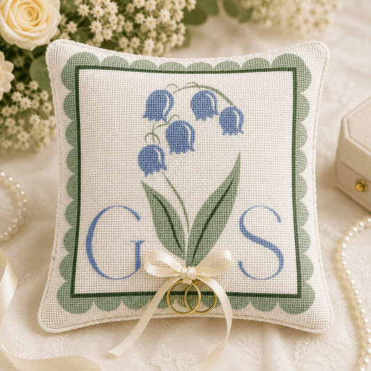 Monogrammed Lily of the Valley Wedding Ring Pillow - Handcrafted Needlepoint Kit