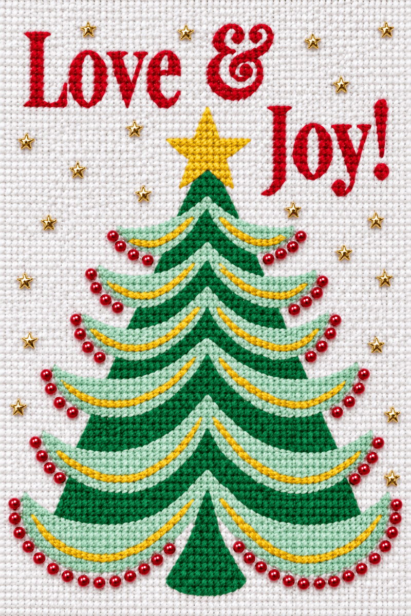 “Love & Joy Christmas tree needlepoint shown with red bead garlands, gold stars, green branches and red lettering.”
