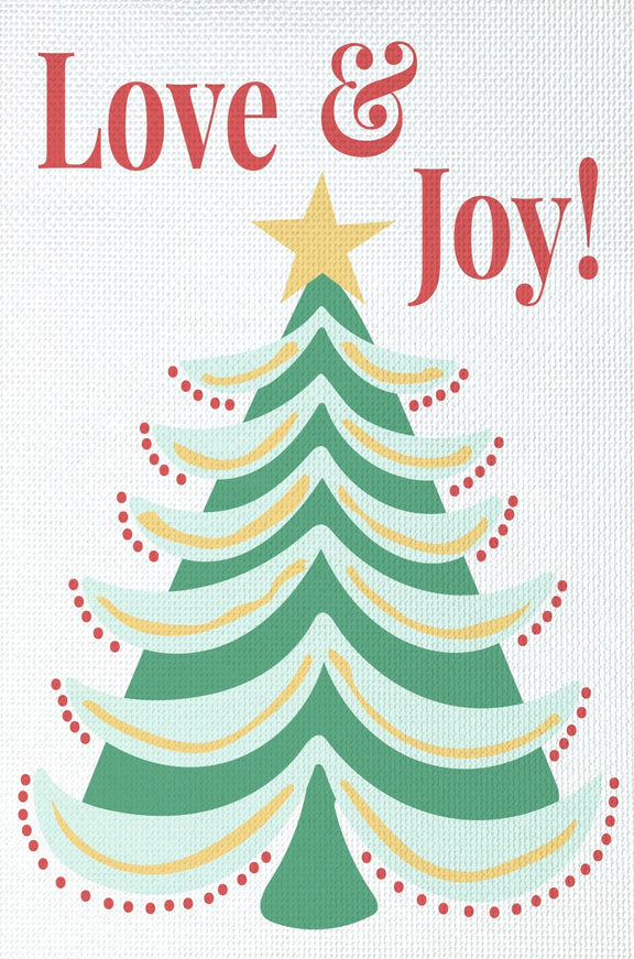 “Love & Joy needlepoint design with a green and mint Christmas tree, yellow star, golden garlands and red lettering.”
