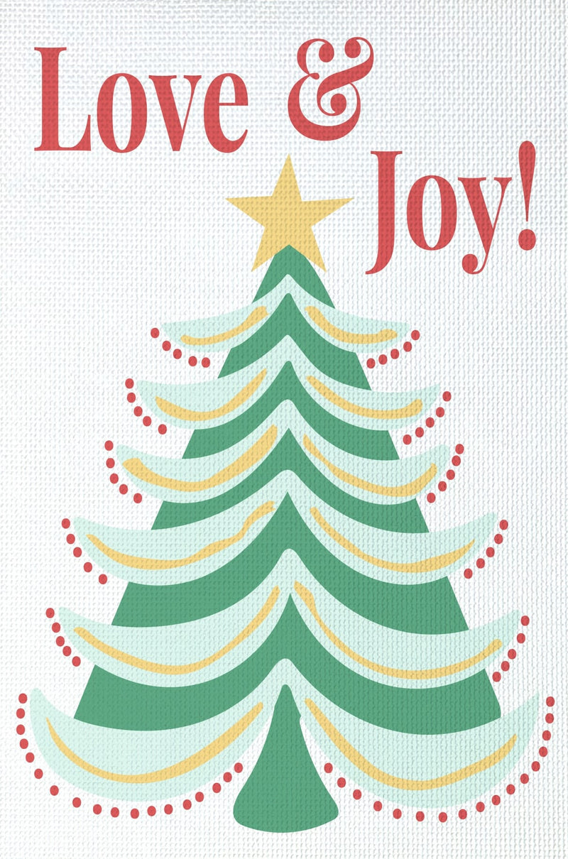 “Love & Joy needlepoint design with a green and mint Christmas tree, yellow star, golden garlands and red lettering.”