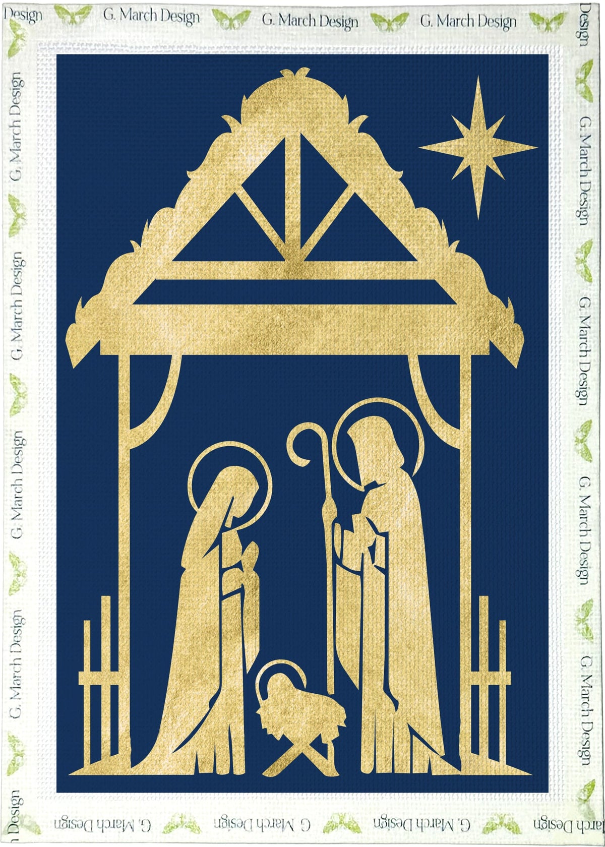 Nativity needlepoint canvas with golden-yellow Mary, Joseph and baby Jesus beneath an ornate stable and star on navy.