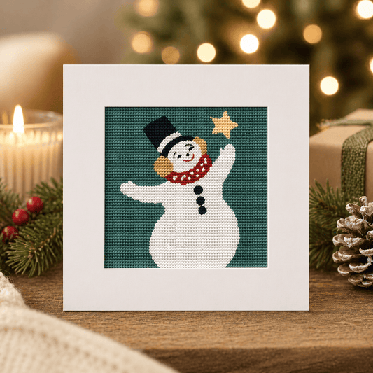 Dancing Snowman Needlepoint Card Kit – Vintage-Inspired Holiday Greeting Card with Star