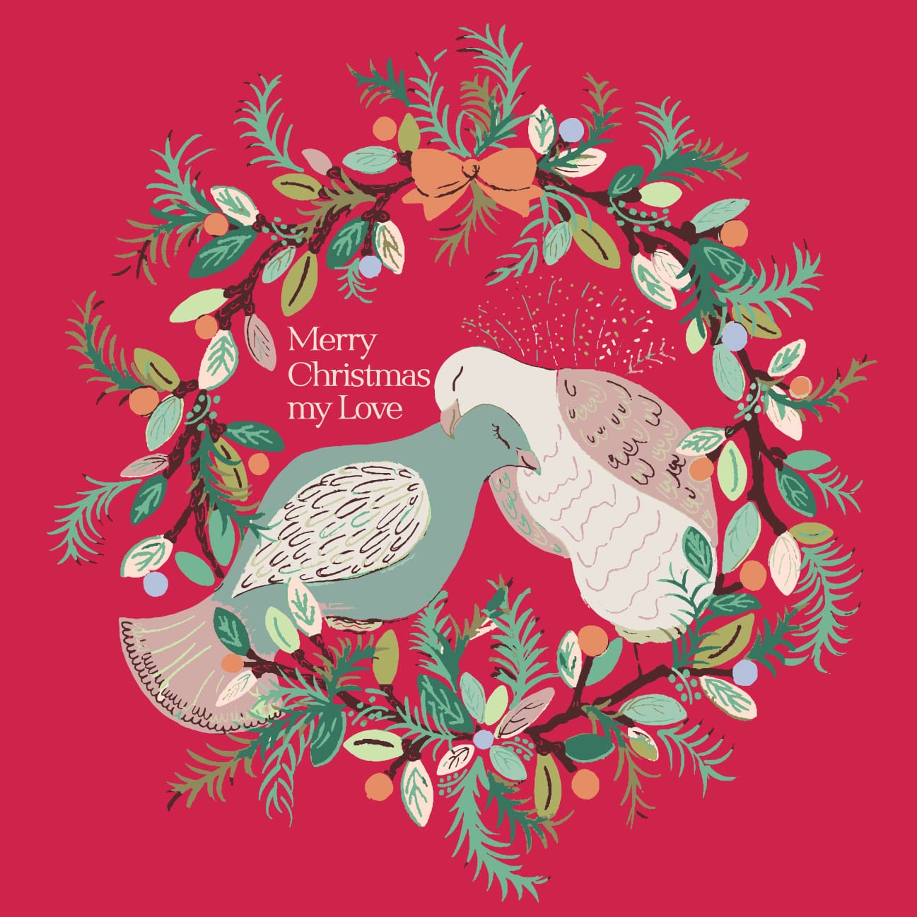 My Lovey Dove — Christmas Turtle Doves Illustrated Fine Art Print | G March Design