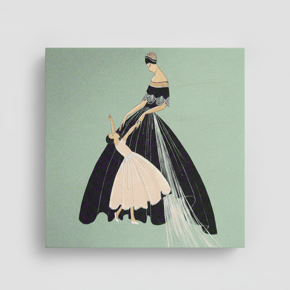 Jeanne Lanvin Mother & Daughter illustration printed edge-to-edge on natural wood block, overhead view